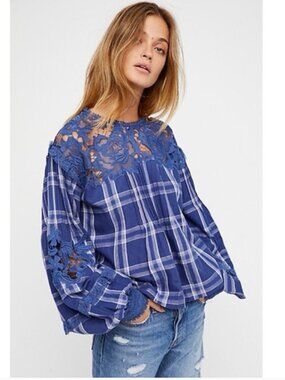 Free People Darling Diana Blue Plaid Lace Top Long Sleeve Top Sz M
